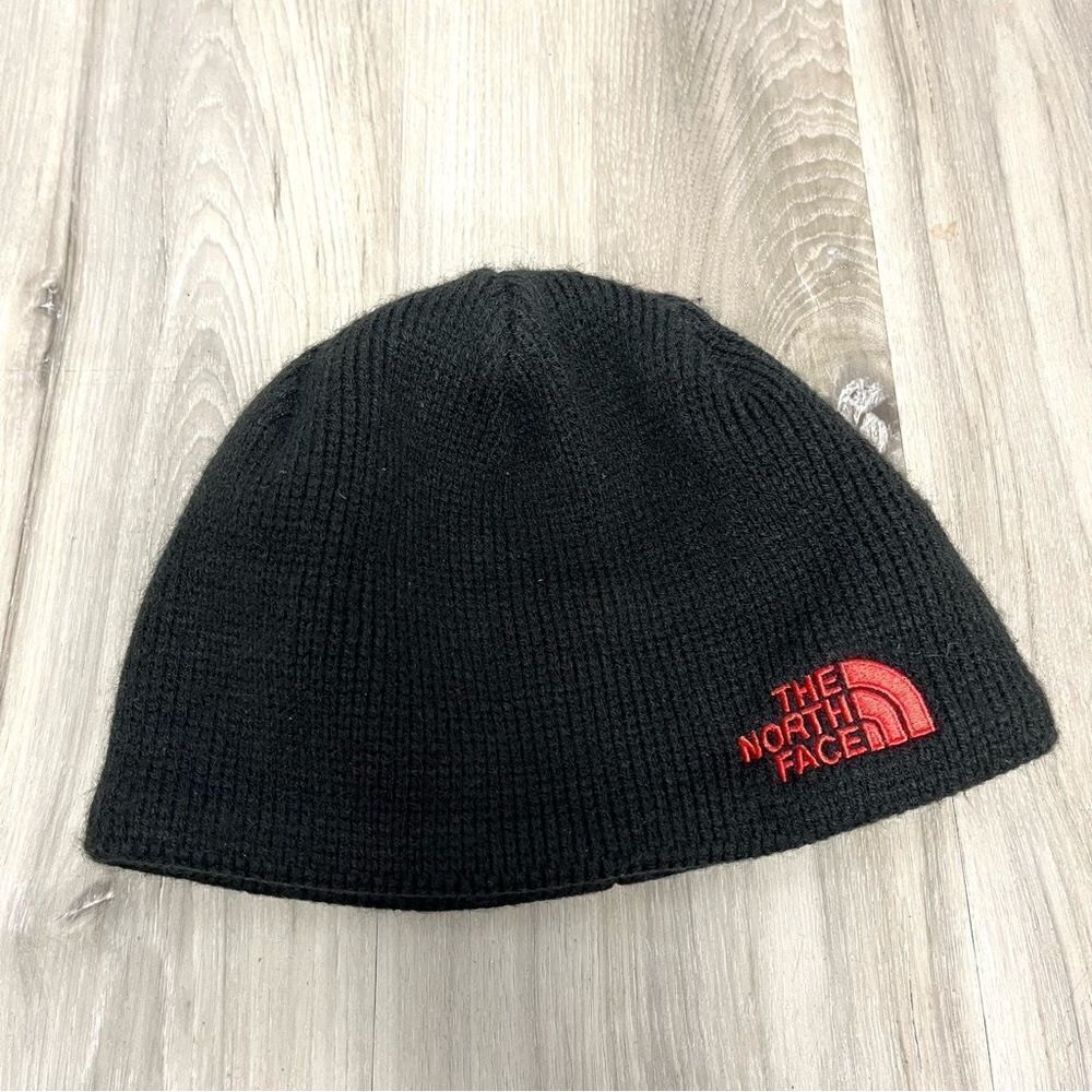 The North Face Hat Boys Medium Black and Red Logo Knit Beanie